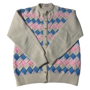 Hand Knit Diamond Basket Weave Cardigan Vintage Granny Chic Easter Cottagecore